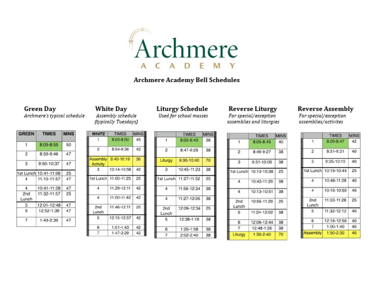 Archmere Academy Bell Schedules PDF