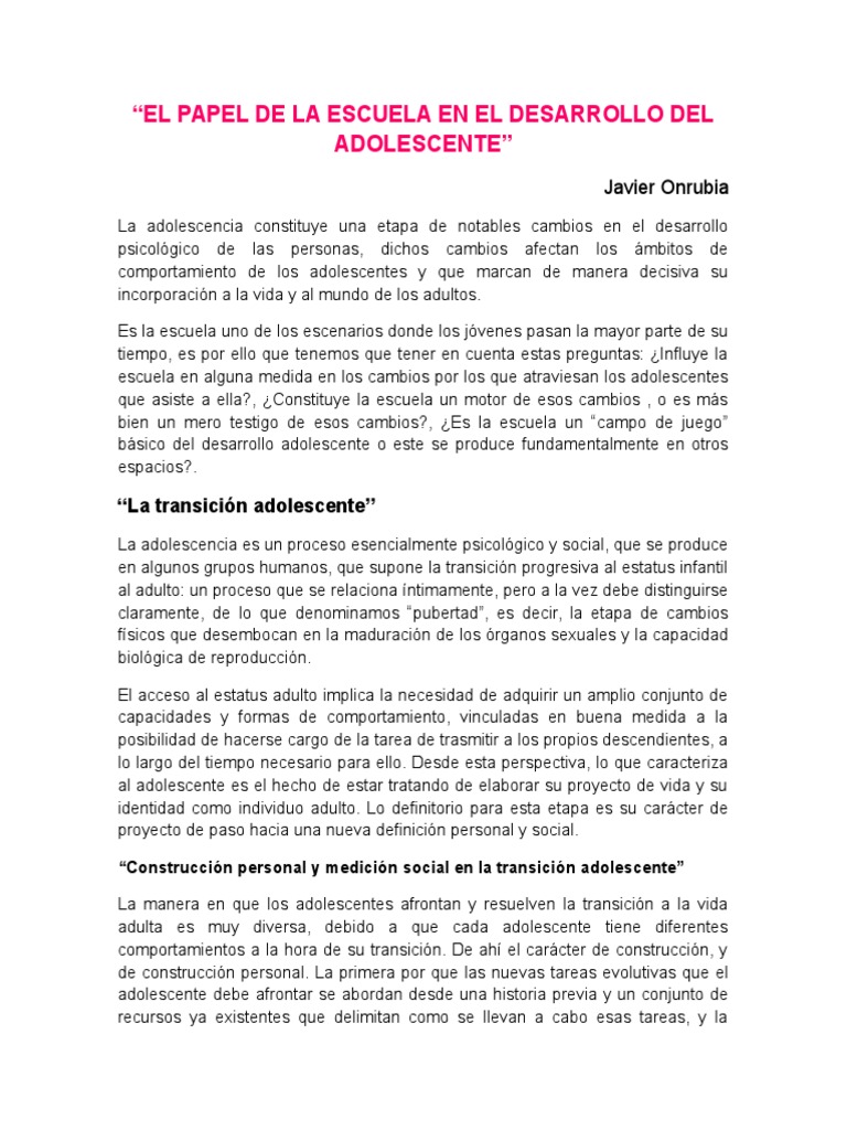 El Papel de La Escuela en El Desarrollo Del Adolescente | PDF | Adultos ...