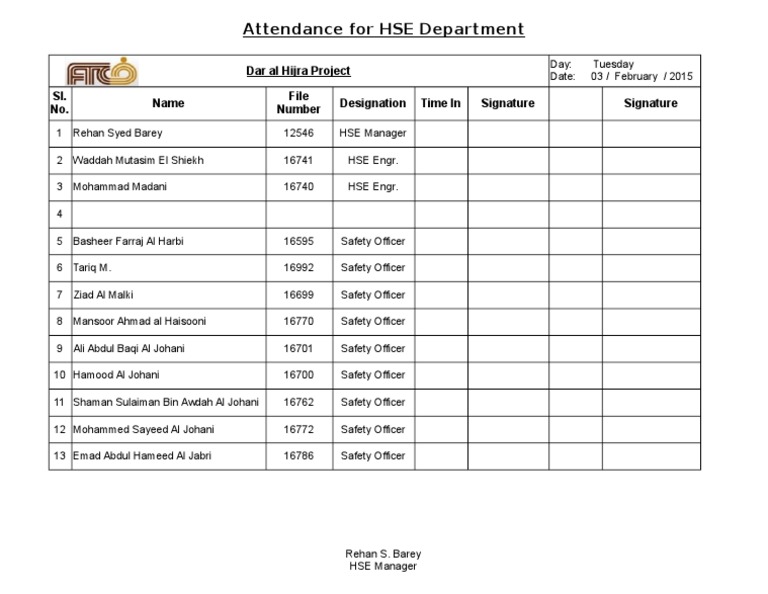 HSE Department Attendance Record | PDF