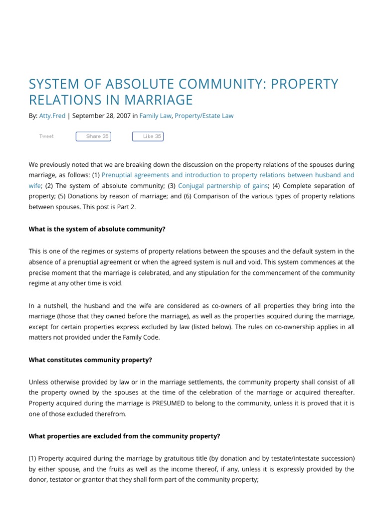 System of Absolute Community Property PDF Community Property Marriage