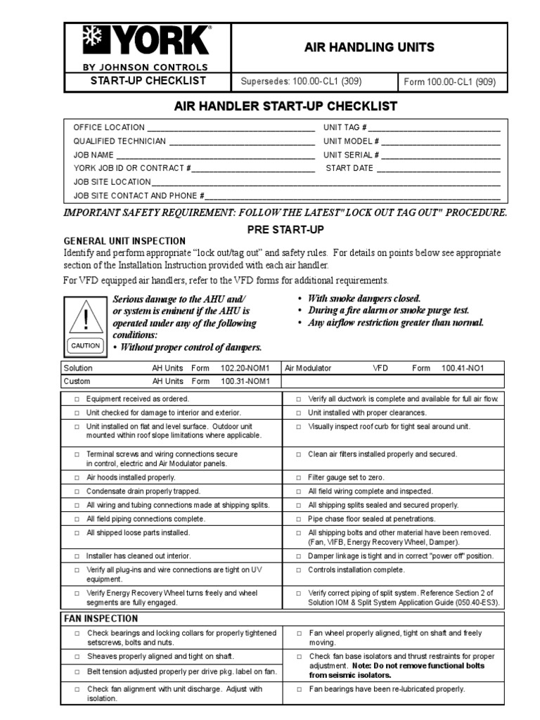 York StartUp Check List Air Handling Units PDF Mechanical