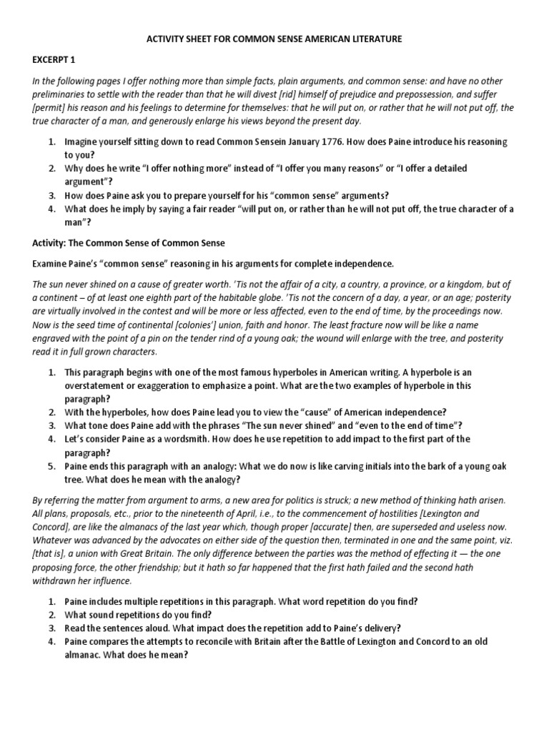 COMMON SENSE Activity Sheet | PDF | Thomas Paine | Common Sense