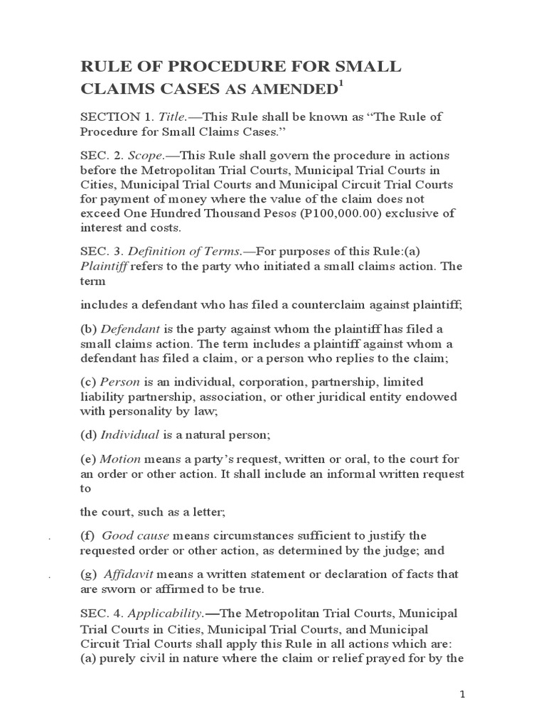 Rules for Small Claims Cases as Amended Pleading Lawsuit