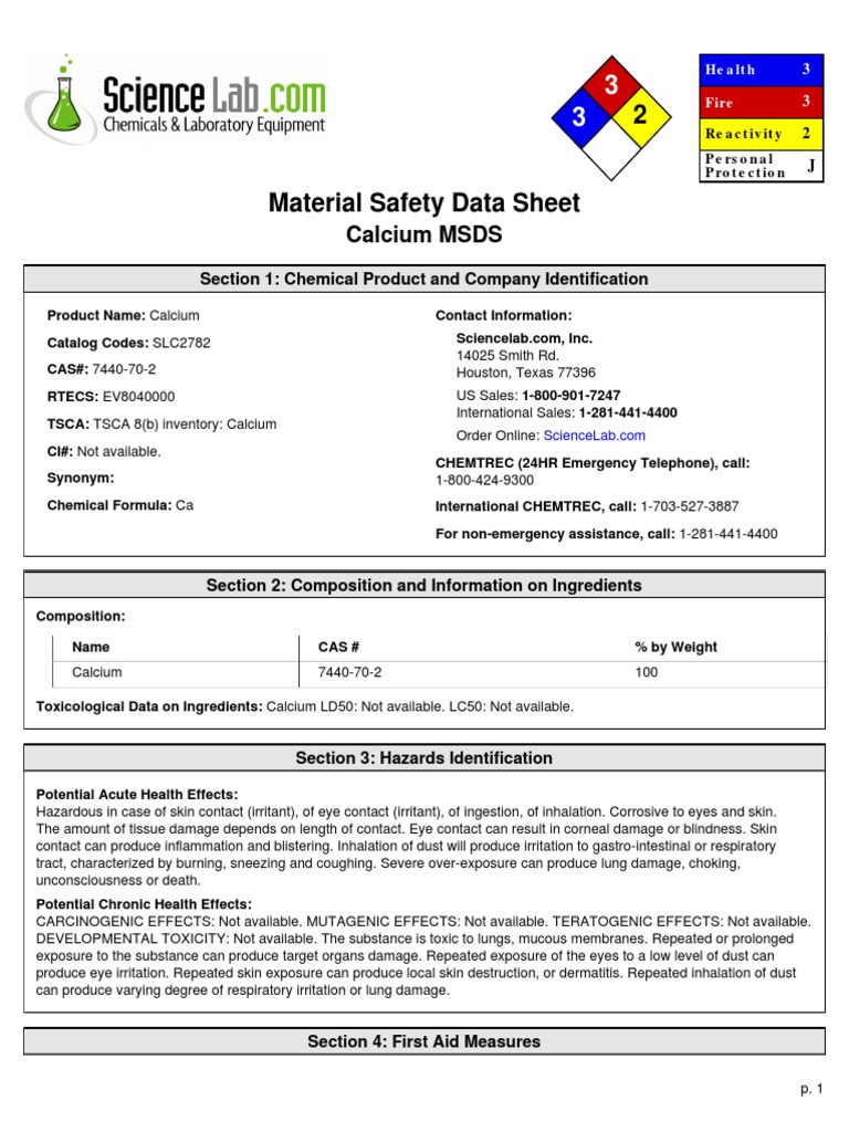 Calcium MSDS: Section 1: Chemical Product and Company Identification ...