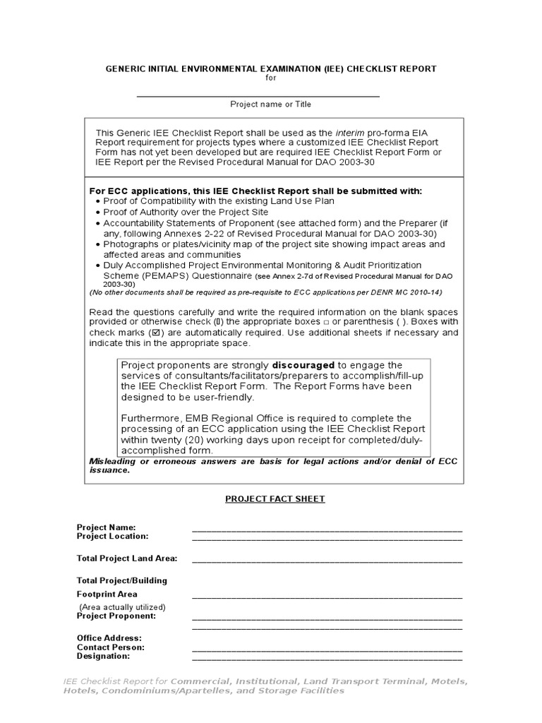 Generic IEE Checklist Report Template | PDF | Environmental Monitoring ...