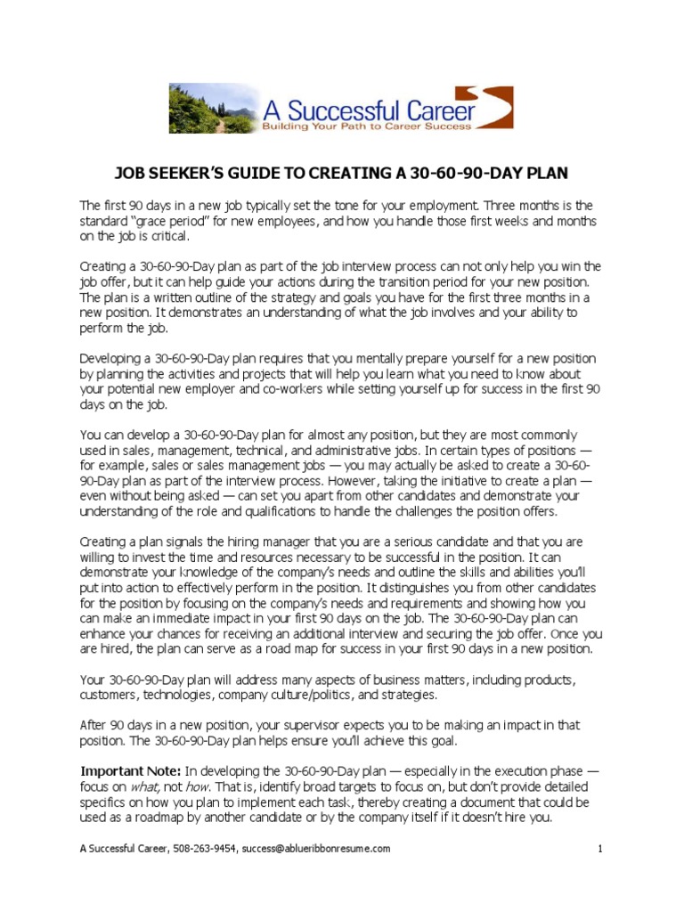 Creating 306090 Day Plan PDF Organizational Culture Job Interview
