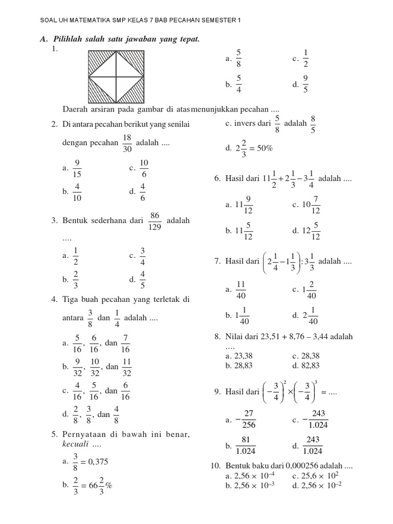 Soal Uh Mtk Smp Kelas 7 Bab Pecahan Semester 1