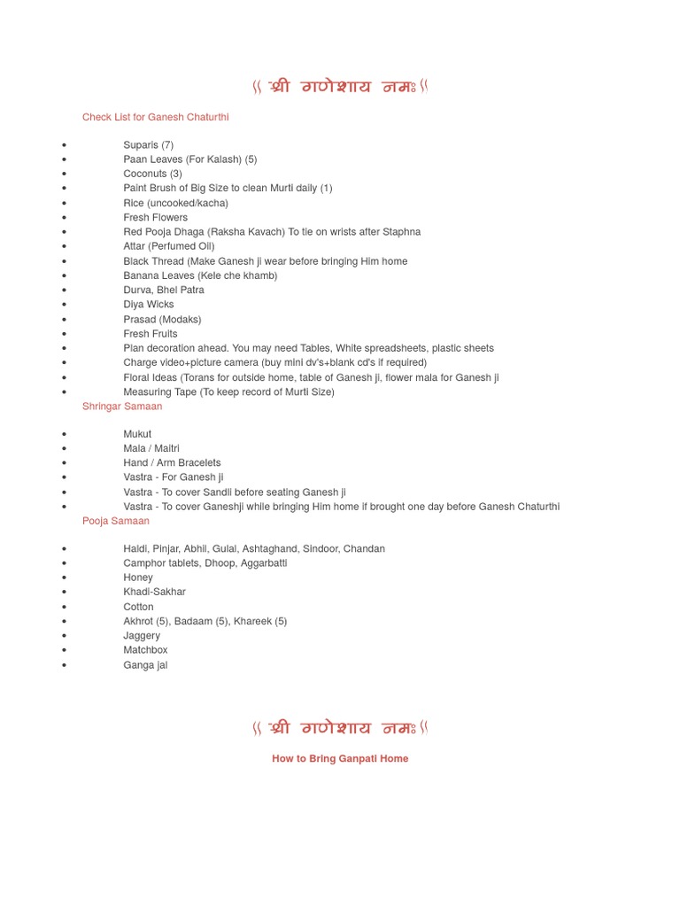 Ganesh Chaturthi Preparation Checklist | PDF | Hindu Worship | Indian ...