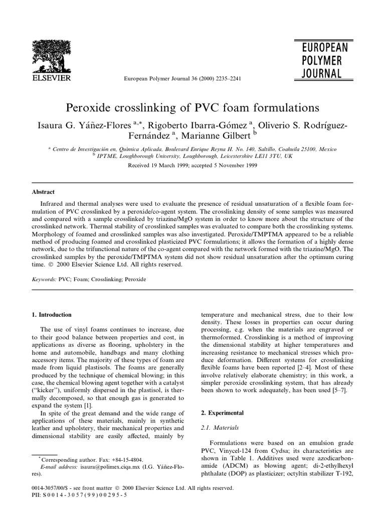 Peroxide Crosslinking of PVC Foam Formulations PDF Cross Link
