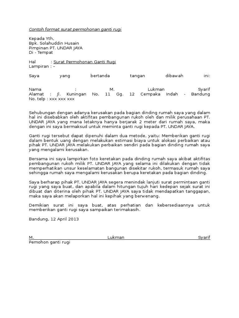 Contoh Format Surat Permohonan Ganti Rugi PDF