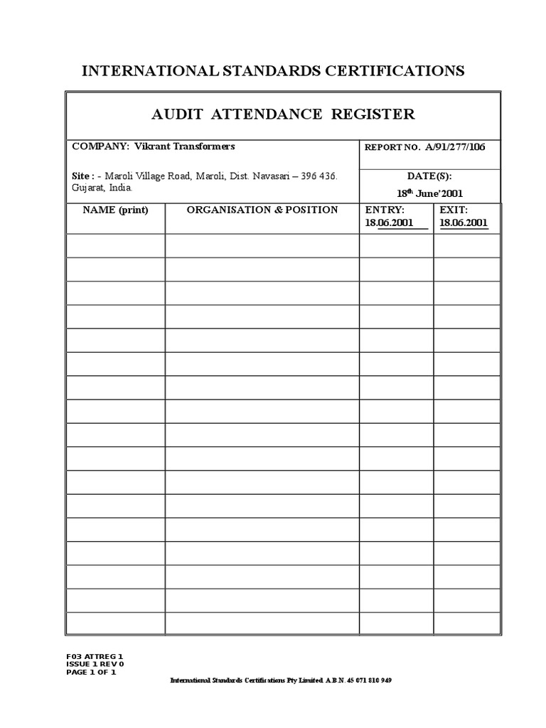 International Standards Certifications Audit Attendance Register | PDF