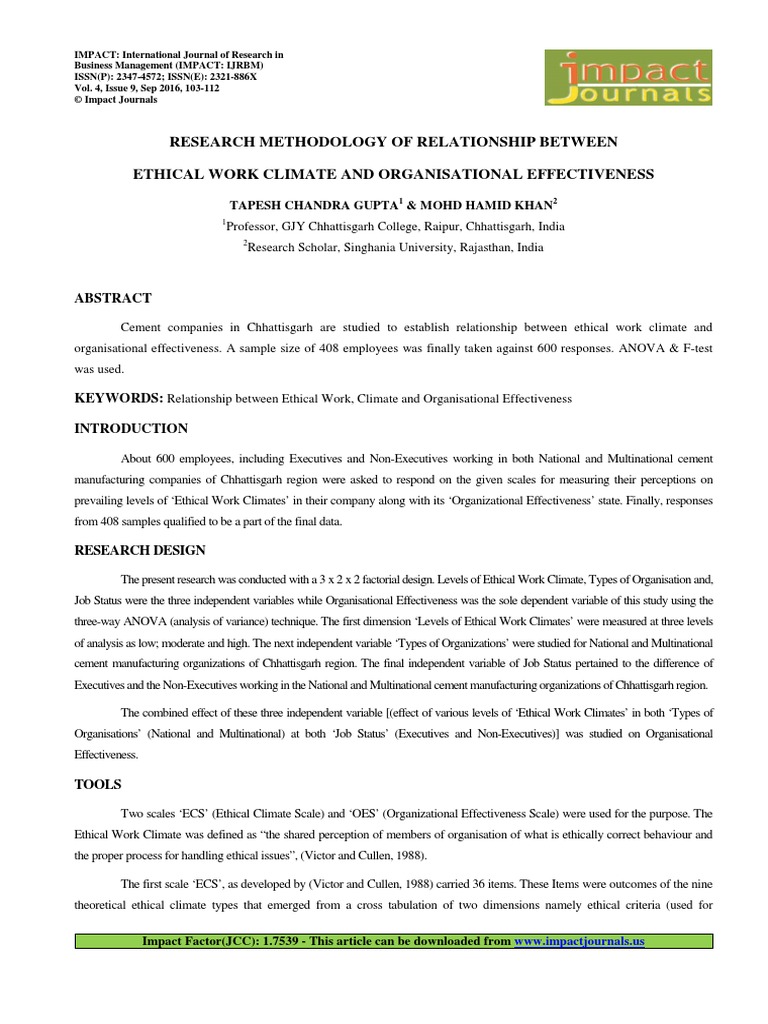 Research Methodology of Relationship Between Ethical Work Climate and ...
