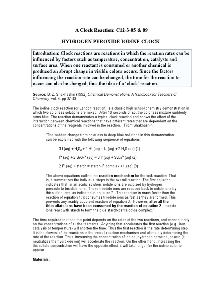 Iodine Clock Reaction Experiment Guide | PDF | Chemical Reactions ...