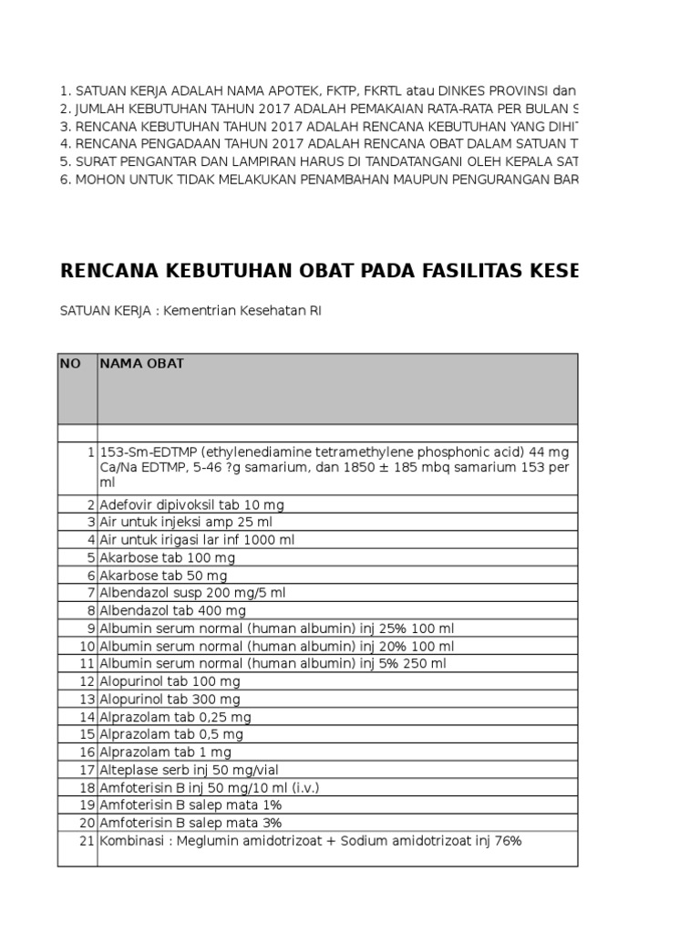 Rencana Kebutuhan Obat 2017 Kemenkes | PDF