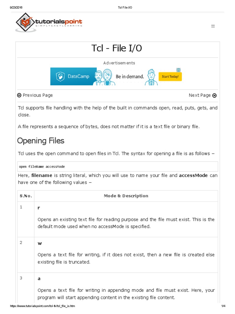 TCL File I/O: Opening Files | PDF | Text File | Computer File
