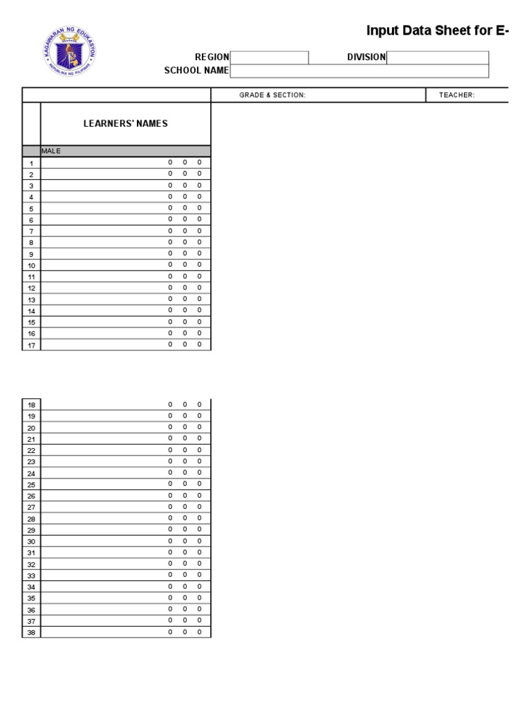 Input Data Sheet For E-Class Record: Region Division School Name | PDF ...