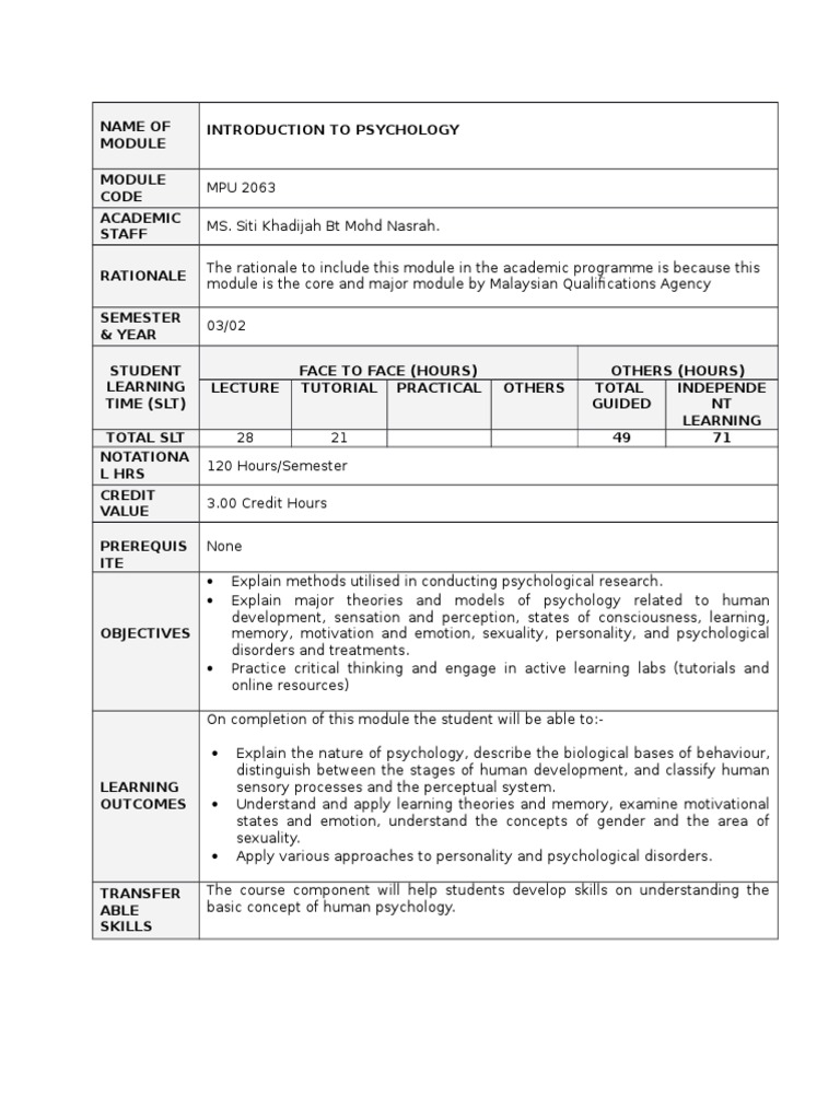 Intro to Psychology Course Outline | PDF | Psychotherapy | Psychology