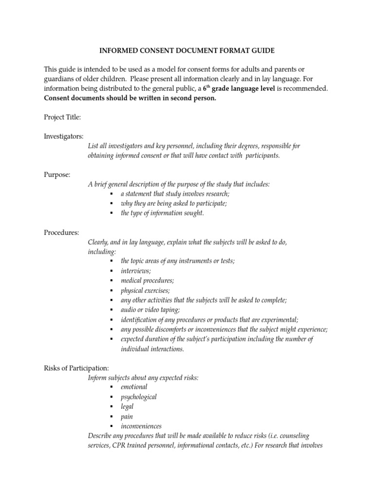 Informed Consent Document Format Guide Informed Consent Confidentiality