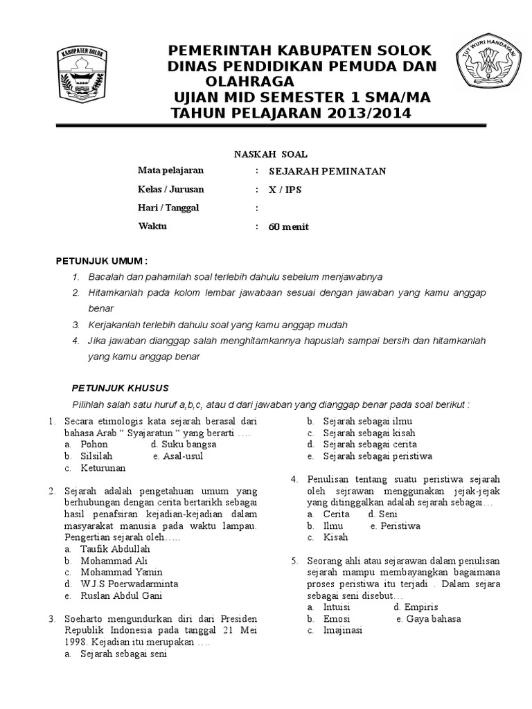 Soal Ujian Sejarah Kelas X Sma Peminatan