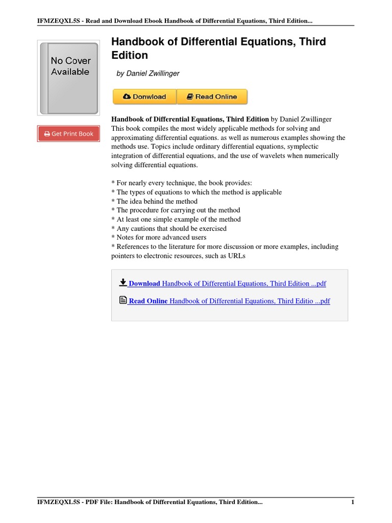 Handbook Differential Equations Third Edition 1493302205 PDF