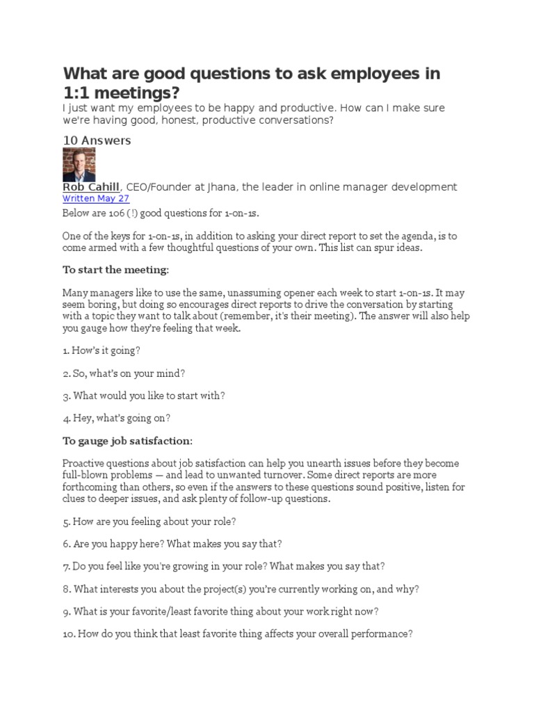 Effective 1-on-1 Questions for Managers | PDF | Goal | Job Satisfaction
