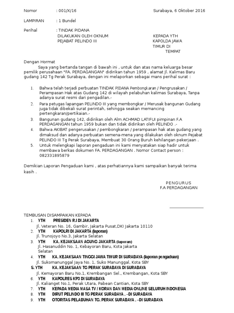 Surat Pengaduan Tindak Pidana