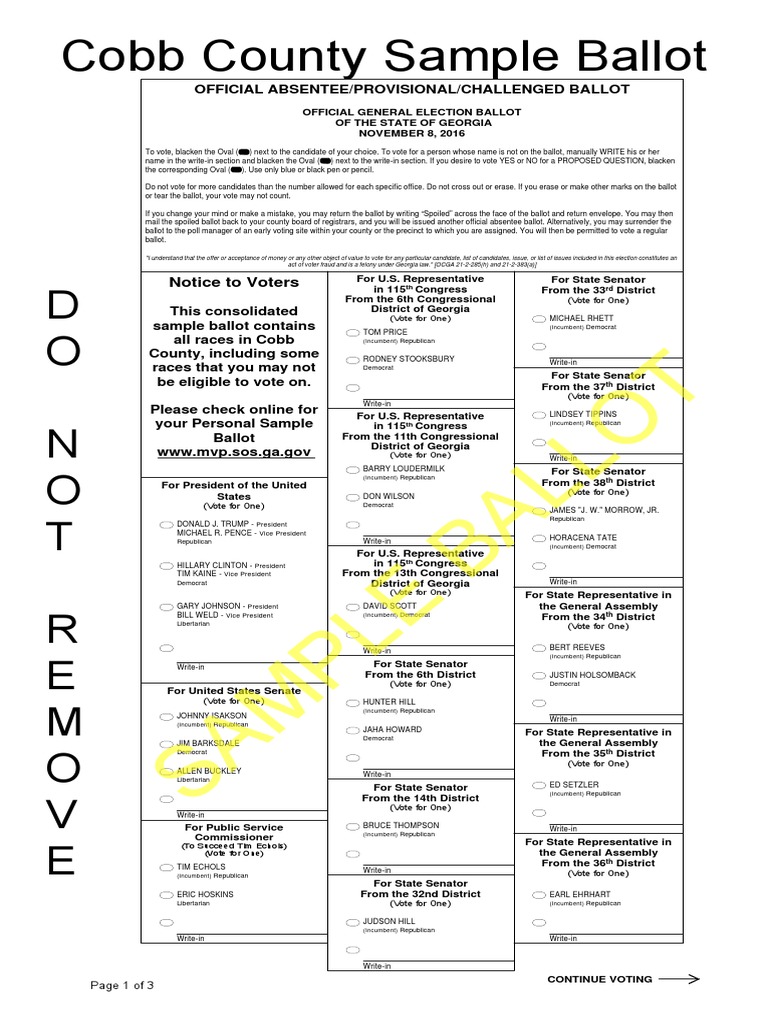 Sample Ballot for Cobb County Nov. 8 Presidential Election Procuring
