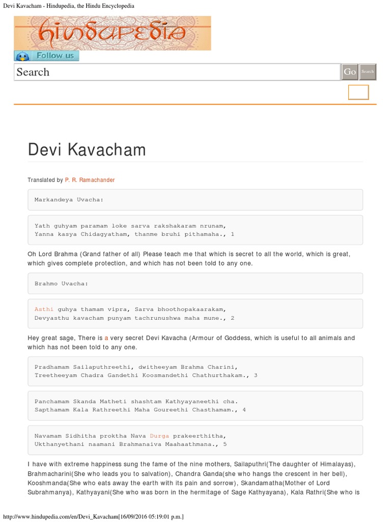 Devi Kavacham Hindupedia The Hindu Encyclopedia Asian Mythology Mythology scribd
