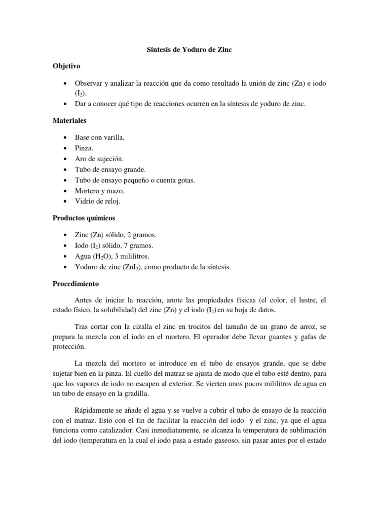 Síntesis de Yoduro de Zinc PDF Yodo Redox