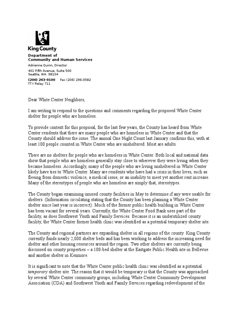 White Center Homeless Shelter Proposal Update | PDF | Homelessness ...