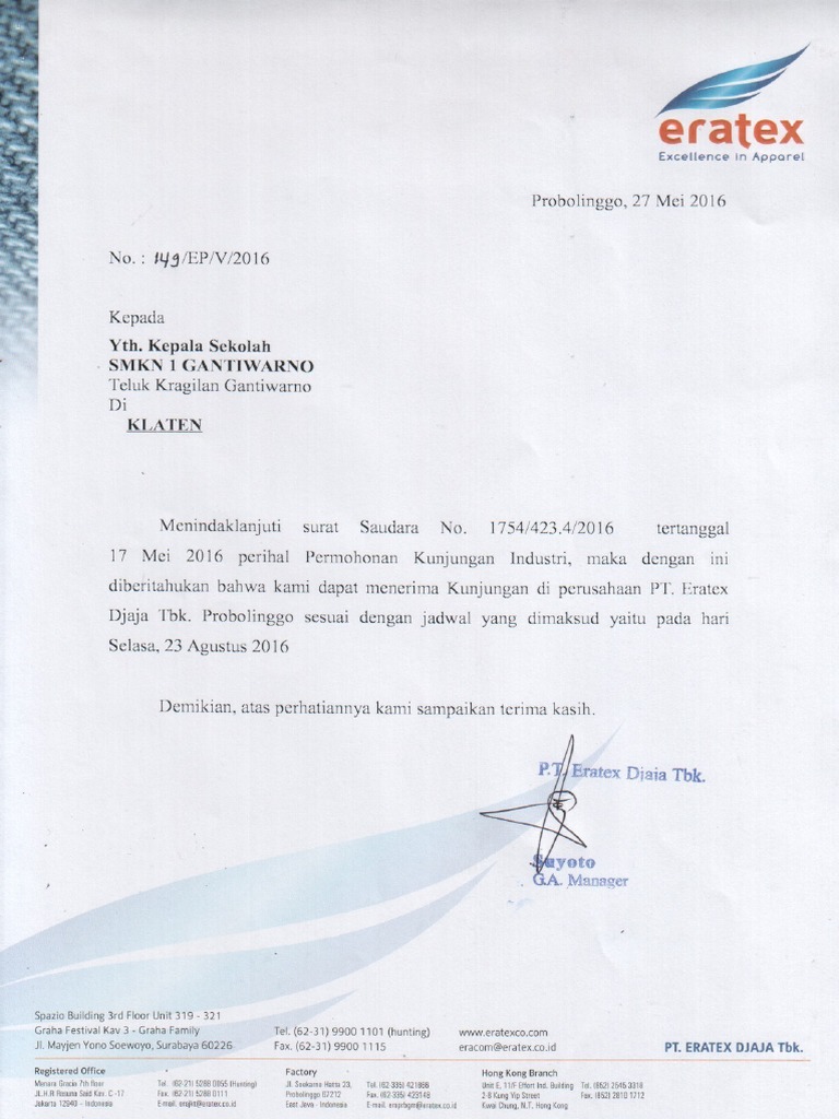 Contoh balasan surat Kunjungan