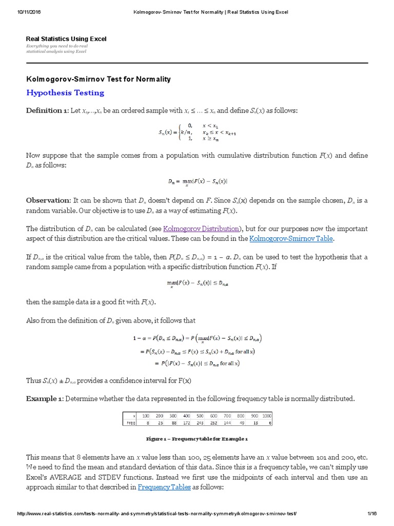 KolmogorovSmirnov Test for Normality P Value Statistical
