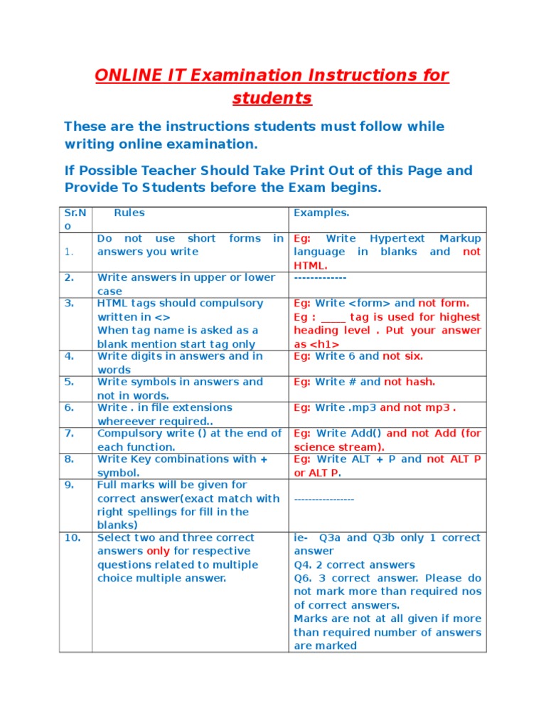 Online IT Exam Instructions for Students | PDF
