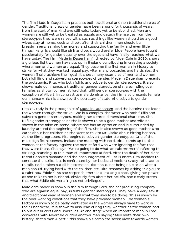 Made in Dagenham English Essay (Gender Stereotypes) Gender Role Sexism