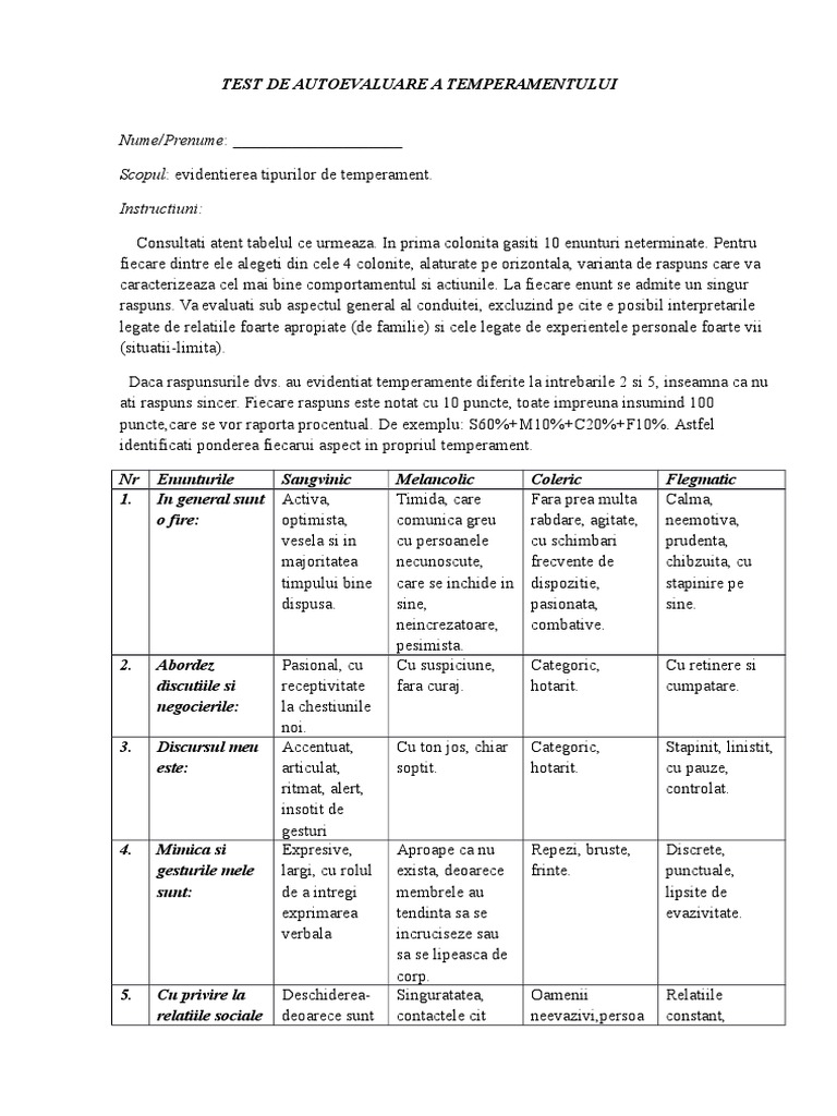 Test de Autoevaluare A Temperamentului | PDF