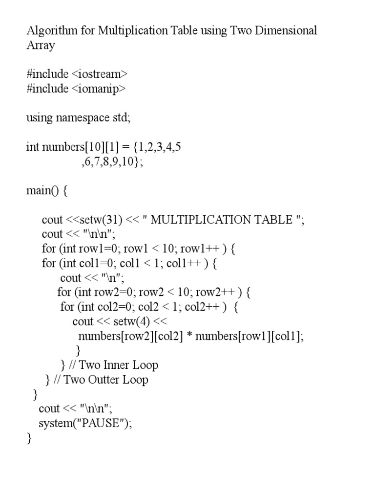 Multiplication Table Using Two Dimensional Array in C++ | PDF