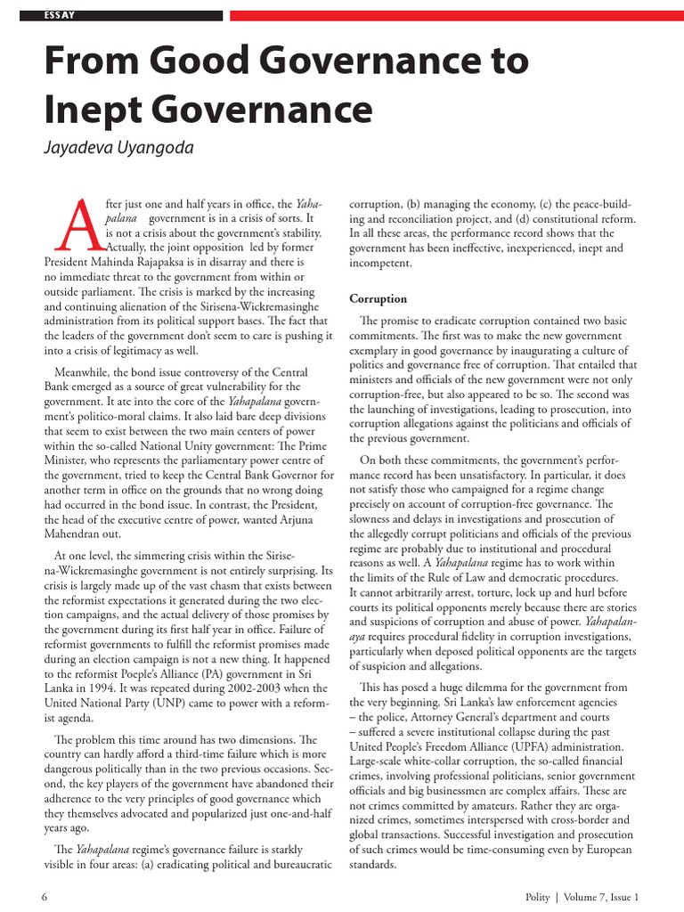 From Good Governance To Inept Governance - Jayadeva Uyangoda | PDF ...