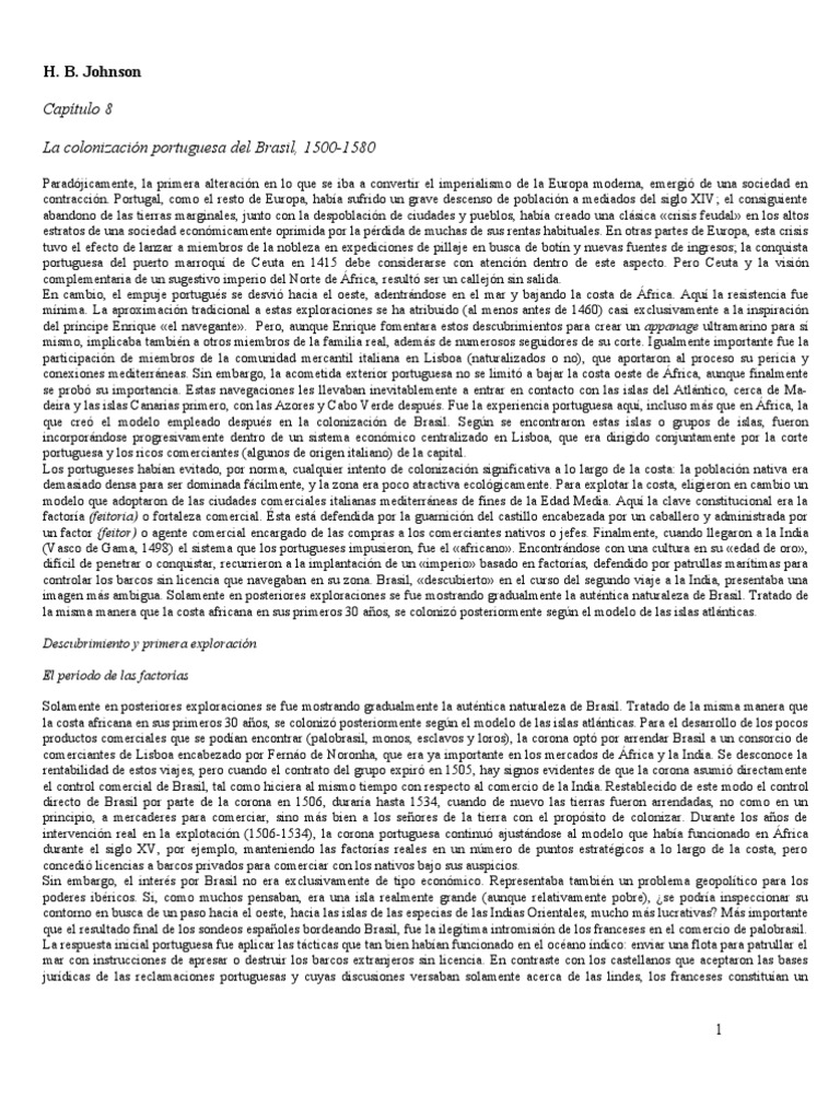Resumen H. B. Johnson La Colonización Portuguesa Del Brasil, 15001580 PDF Brasil