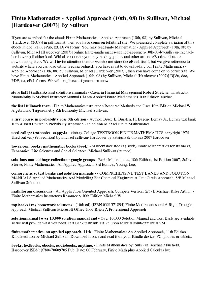 Finite Mathematics - Applied Approach 10th 08 by Sullivan Michael Hardcover  2007 by Sulivan | Textbook | Books