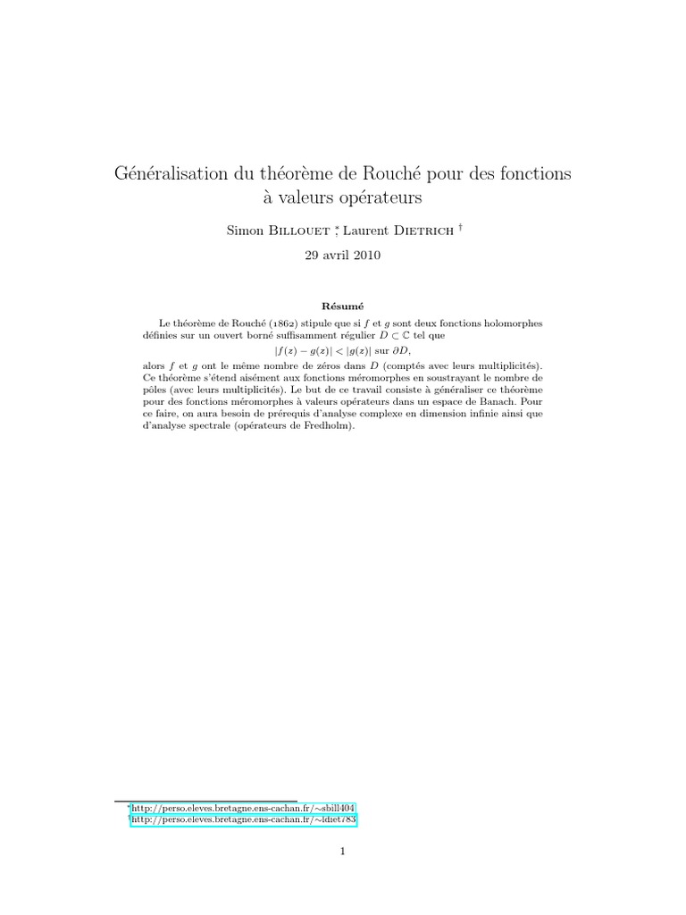 Généralisation Du Théorème de Rouché Pour Les Fonctions À Valeurs D ...