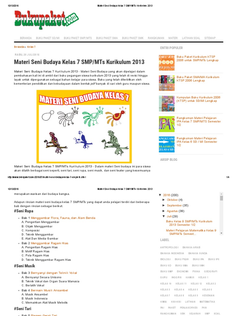 Materi Seni Budaya Kelas 7 SMP_MTs Kurikulum 2013