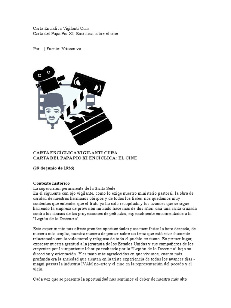Carta Encíclica Vigilanti Cura PDF Moralidad Iglesia Católica
