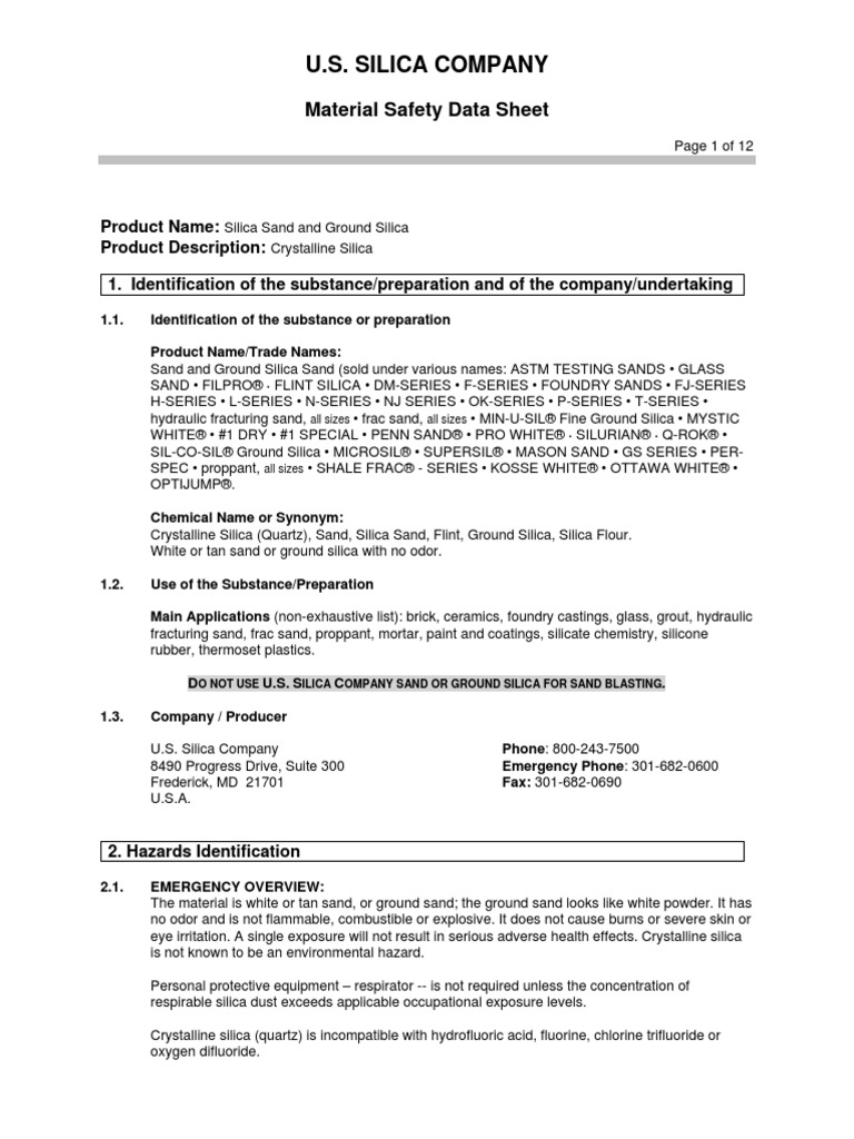 MSDS Silica Sand MaterialSafetyDataSheet PDF Silicon Dioxide