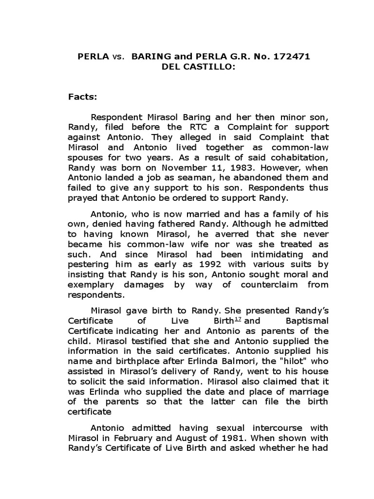 Paternity Dispute: PERLA vs. BARING Case | PDF | Legitimacy (Family Law ...