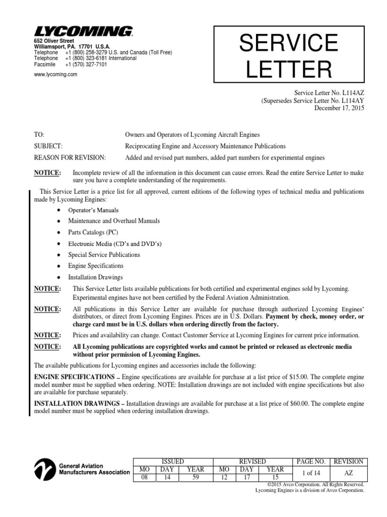 Lycoming Service Letter SL L114AZ Reciprocating Engine & Accessory