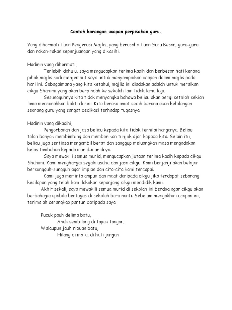 Contoh Karangan Ucapan Perpisahan Guru SK Rompin | PDF