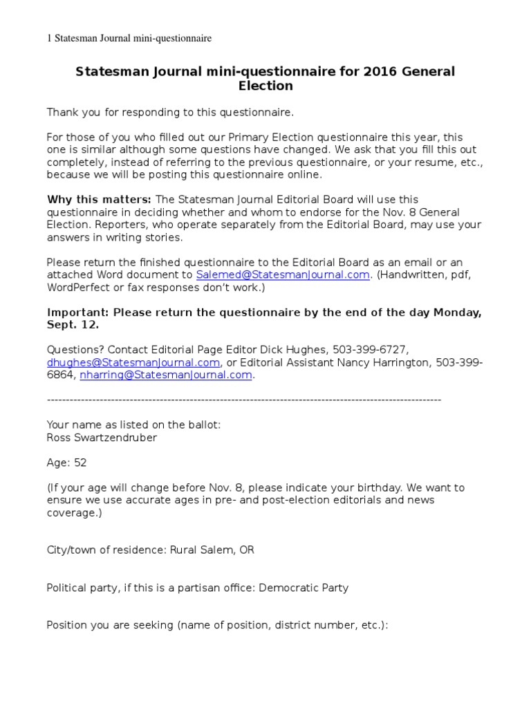 Candidate Questionnaire for 2016 Election | PDF | Oregon | Questionnaire