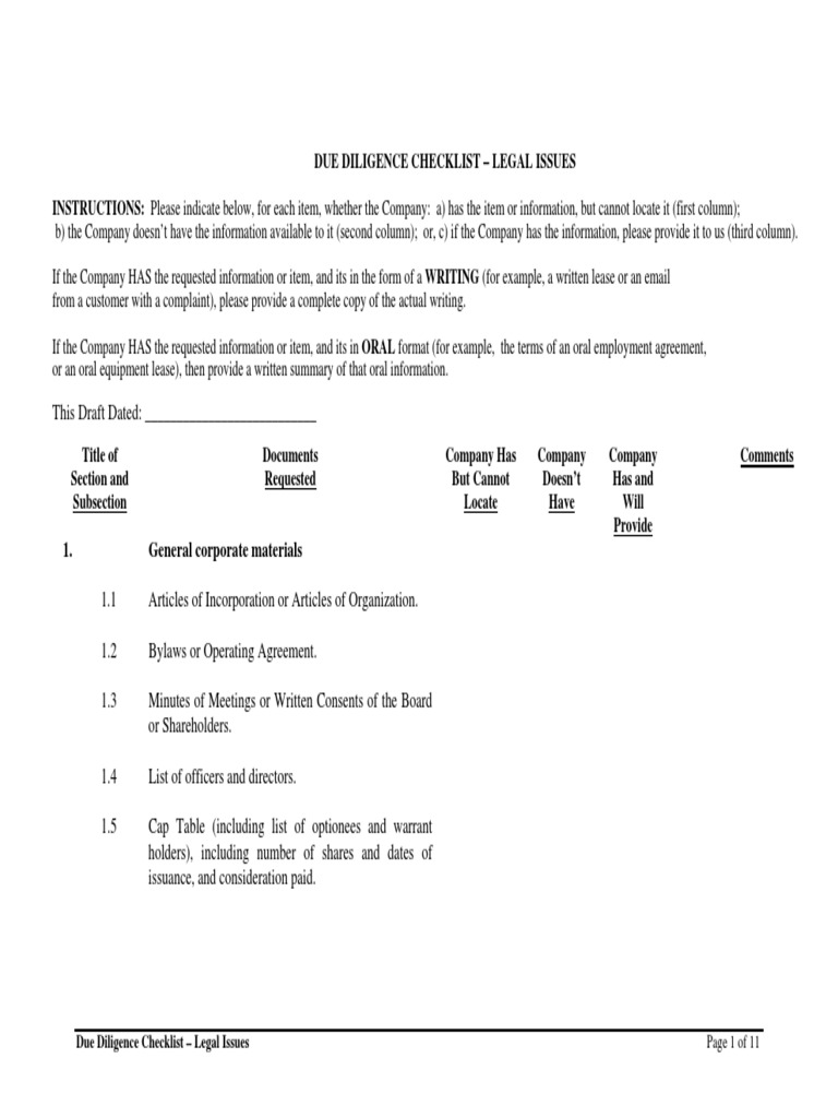 Due Diligence Checklist Legal Insurance License Free 30day