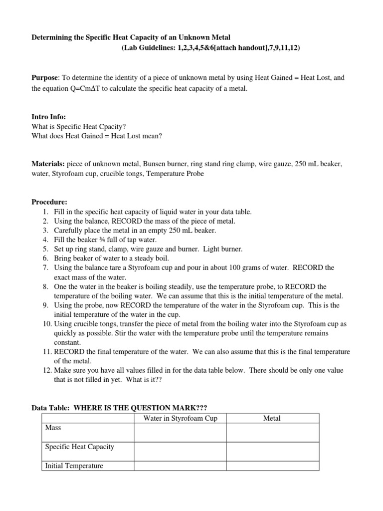 Specific Heat Capacity Lab PDF Heat Heat Capacity