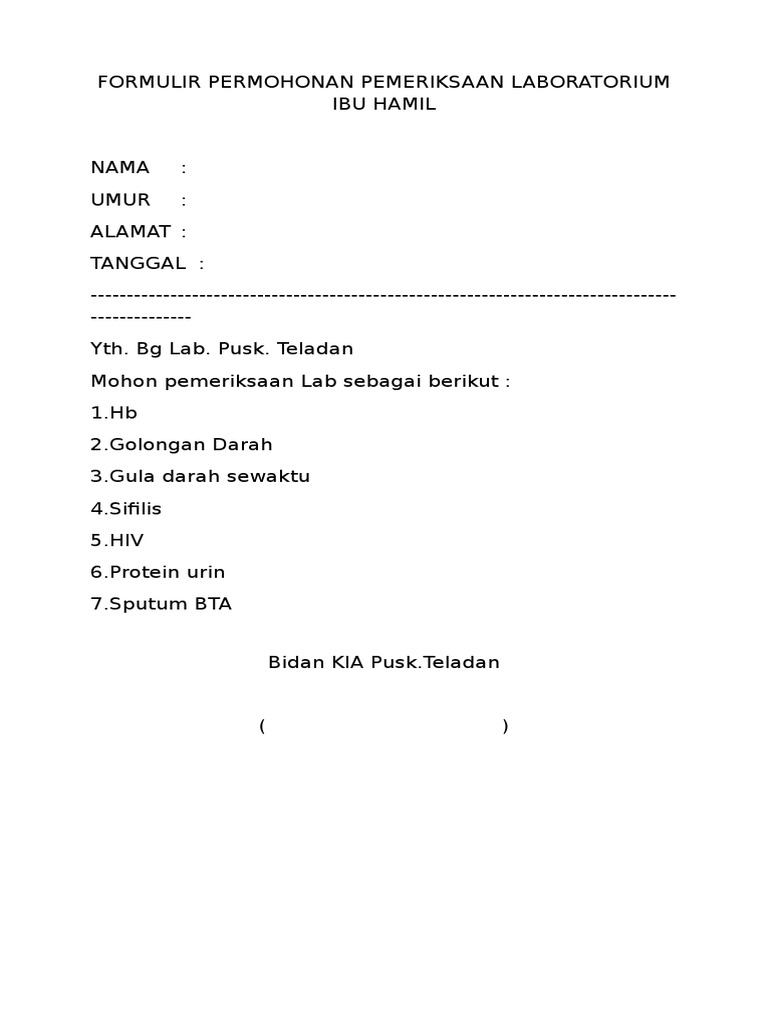Formulir Permohonan Pemeriksaan Laboratorium Ibu Hamil Pdf